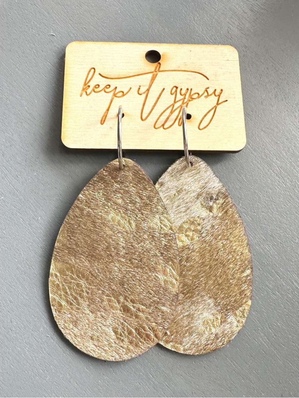 Keep it Gypsy Metallic Gold Cowhide Hair on Hide Leather Teardrop Shaped earring